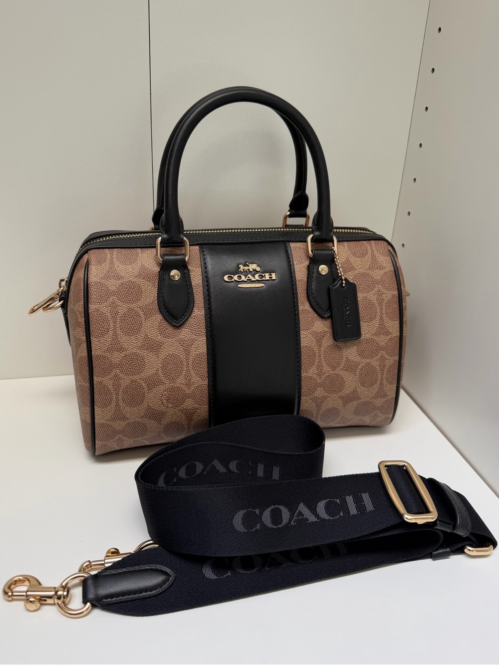 Coach Rowan Satchel in Signature Canvas Gold/Tan/Black Colorway (Discontinued)